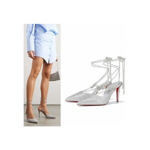 Christian Louboutin Astrid‎ Lace Crystal Pumps Silver Strappy Heels 37